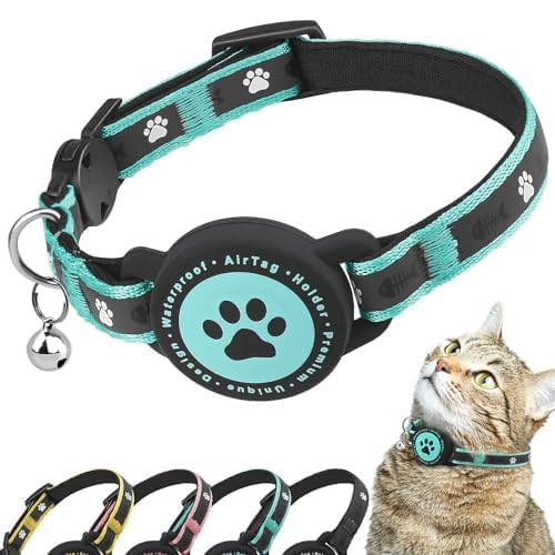 Airtag Katzenhalsband Breakaway, Reflektierendes Kätzchenhalsband mit Airtag-Halterung und Glocke, Bequeme Polsterung, Verstellbar, Langlebig, Passend für Katzen(Grün) von JIARUI