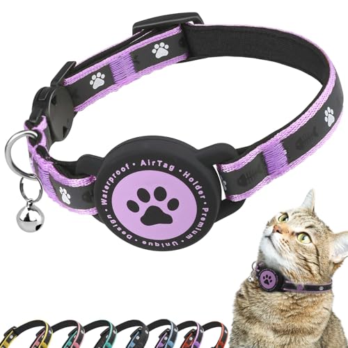 Airtag Katzenhalsband Breakaway, Reflektierendes Kätzchenhalsband mit Airtag-Halterung und Glocke, Bequeme Polsterung, Verstellbar, Langlebig, Passend für Katzen(Lila,XS) von JIARUI