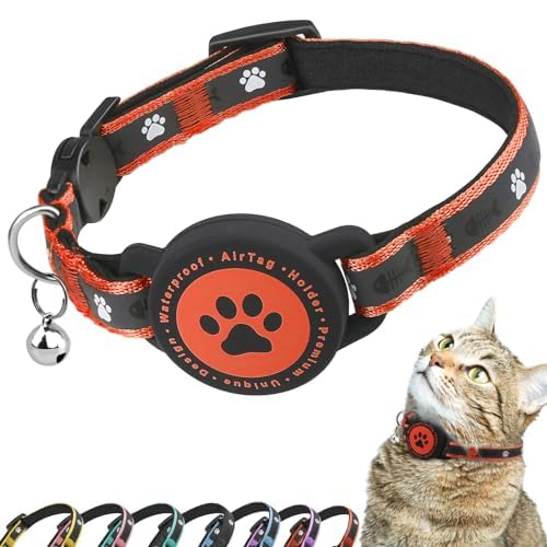 Airtag Katzenhalsband Breakaway, Reflektierendes Kätzchenhalsband mit Airtag-Halterung und Glocke, Bequeme Polsterung, Verstellbar, Langlebig, Passend für Katzen(Orange) von JIARUI