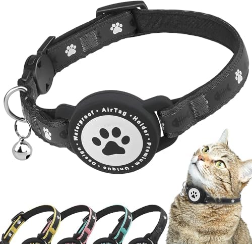 Airtag Katzenhalsband Breakaway, Reflektierendes Kätzchenhalsband mit Airtag-Halterung und Glocke, Bequeme Polsterung, Verstellbar, Langlebig, Passend für Katzen(Schwarz) von JIARUI