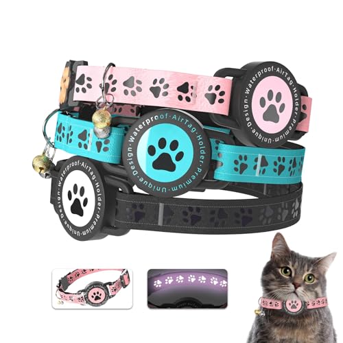 Airtag Katzenhalsband Breakaway, reflektierendes Kätzchenhalsband mit Apple Air Tag Halterung, Bequeme Polsterung, verstellbar, langlebig, Einheitsgröße für Mädchen Junge Katzen (Rosa) von JIARUI