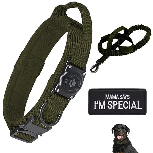 JIARUI Taktisches AirTag Hundehalsband, 100% Wasserdicht Integriertes Apple Air Tag Hunde Halsband mit AirTag Halter, GPS Hunde Halsbänder Leine Satz, Verstellbares Militärhalsband mit Griff (Grün M) von JIARUI