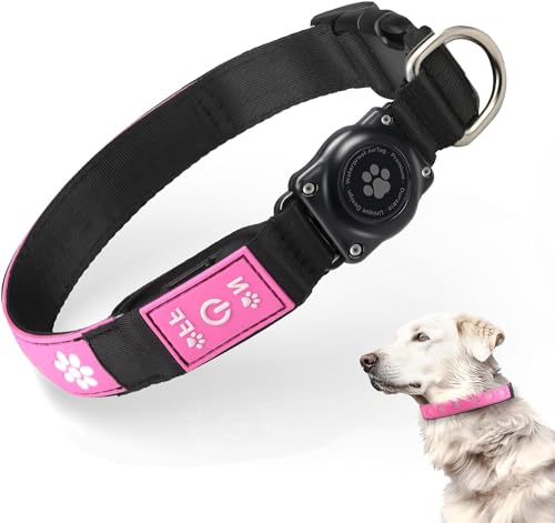 LED AirTag Hundehalsband, hellste beleuchtete Hundehalsbänder, IP67 wasserdicht, Airtag-Hundehalsbandhalter, 500 m hohe Sichtbarkeit, USB C wiederaufladbar, Hundelichter für nächtliche Spaziergänge, von JIARUI