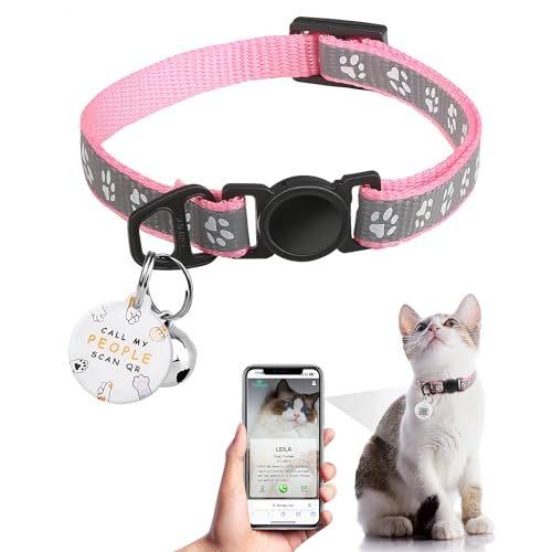 Reflektierendes Katzenhalsband, Kätzchen Halsband mit Glöckchen und Sicherheitsschnalle inklusive QR-Code für Mädchen oder Jungen, Katzen und Kätzchen, Wasserdicht, Bequem, Verstellbar(Rosa) von JIARUI