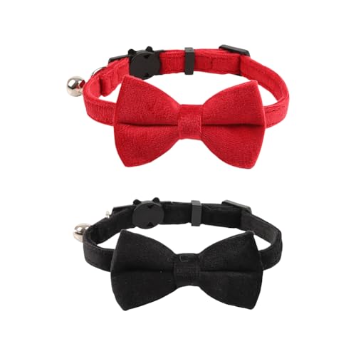 2 x Samt-Katzenhalsband, abnehmbare Schleife, Haustierhalsband, verstellbar, weich, niedlich, Kätzchenhalsband, einfarbig, Welpenhalsband, kleiner Hund, Hochzeitshalsband mit Glöckchen von JIHUOO