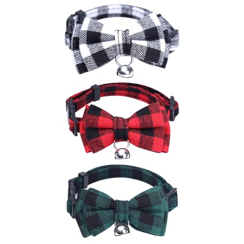 3 x Weihnachts-Halsbänder für Haustiere, mit Fliege, Katzenhalsband, verstellbar, abnehmbar, niedliches Hundehalsband mit Glöckchen von JIHUOO