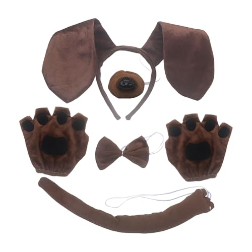 JIHUOO Welpenkostüm-Set beinhaltet Dackel, Hundeohren, Haarband, Nasenschwanz, Welpenpfoten-Handschuhe und Fliege, Halloween-Cosplay-Zubehör für Kinder und Erwachsene von JIHUOO