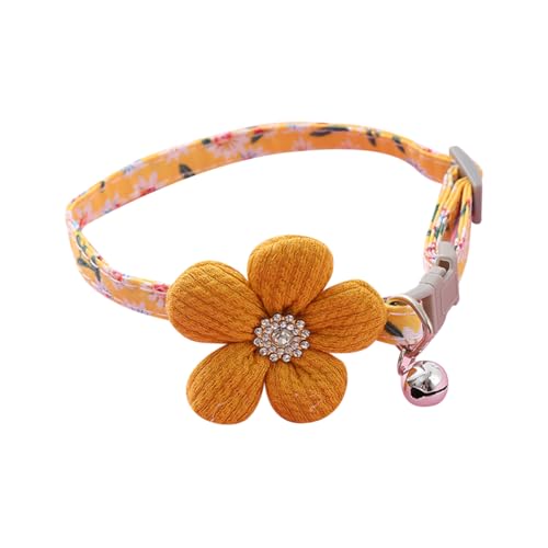 Kleines Hundehalsband mit Blume, niedliches Welpenhalsband mit Glöckchen, verstellbar, Strasssteine, Katzenhalsband, Kristall, Haustierhalsband für Katzen, Hunde, Gelb von JIHUOO