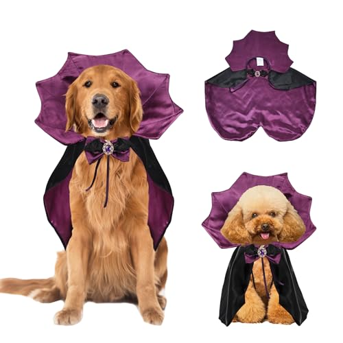 Halloween Hundeumhang Kostüm mit Fliege Hund Vampir Teufel Kostüm Welpe Umhang für kleine mittelgroße Hunde Katze (Schwarz+Lila, LXL) von JIKAJA