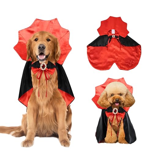 Halloween Hundeumhang Kostüm mit Fliege Hund Vampir Teufel Kostüm Welpe Umhang für kleine mittelgroße Hunde Katzen (schwarz + rot, LXL) von JIKAJA