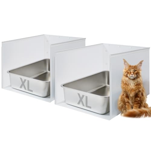 JIMEIQI Katzentoilette aus Edelstahl, 60 x 40 x 15 cm, extra große Edelstahl-Katzentoilette mit 40 cm hohen Seitenschutz, antihaftbeschichtet, kein Geruch, XL-Metall-Katzentoilette mit Spritzschutz, 2 von JIMEIQI