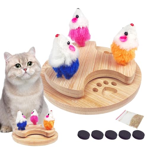 JINGAN Katzenkarussellspielzeug, Katzendrehspielzeug - Kätzchen-Maus-Spielzeug,Hölzernes Hundekarussell-Mäuse-Tischspiel für Kätzchen, mittelgroße Katzen und kleine Hunde von JINGAN