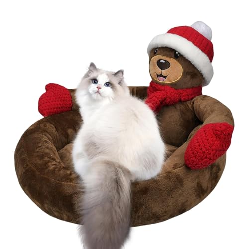 JINGAN Weihnachten Thema Katzenbett | Weihnachten 3D Dark Brown Bear Umarmt Hundebett | Winter Kätzchen Bett Mit Anti-Rutsch Boden | Geeignet Für Kleine/mittlere/große Haustiere von JINGAN