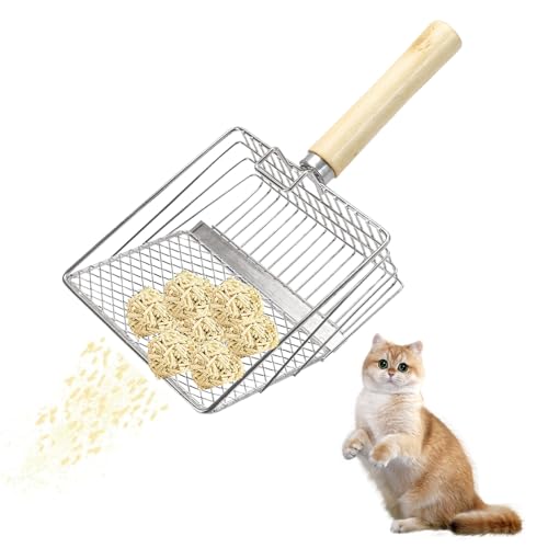 JINGHANGER Katzenstreu Schaufel aus Edelstahl mit Holzgriff Tiefer Katzenschaufel für Katzenklo Cat Litter Scoop für Katzenstreu Klumpstreu 27x14,5 cm von JINGHANGER