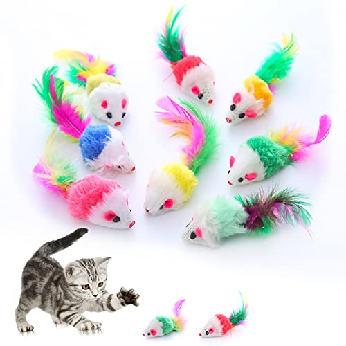 JINGSHUBO Flauschiges Katzenspielzeug Maus Fell Maus Rassel Weiches Flauschiges Maus Spielzeug Interaktives Katzenspielzeug mit Federn für Katzen zum Spielen (zufällige Farben) 10er Pack von JINGSHUBO