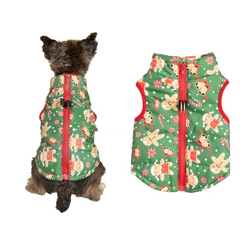 Hundejacke Winter Warm Pet Hund Kleidung Winddicht Hundemantel Warme Pet Hund Jacke Weihnachten Haustierkostüme mit D-Ring für kleine, Mittelgroße Hunde (grüner Lebkuchenmann, L) von JINGTOPS