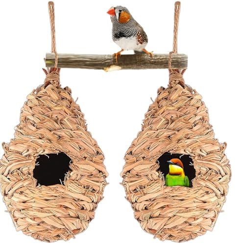 Schwalbennest,Nisttasche Vogelnest Gewebt,Gras Bird Nest，Handgewebte Vogelhäuser, für Wellensittich Meise,Kanarienvogel, Amsel, Hummingbird,Rotkehlchen,Zebrafinken 24x12cm (2 Stück) von JINGTOPS