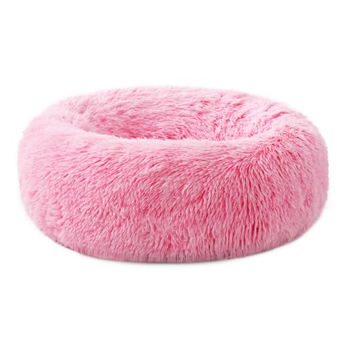 JINLICHONGWU Rundes Haustierbett für Hunde und Katzen, waschbares Haustierbett, rutschfeste Unterseite, Katzenbett für den Innenbereich (Rosa-Weiß, 40 cm) von JINLICHONGWU