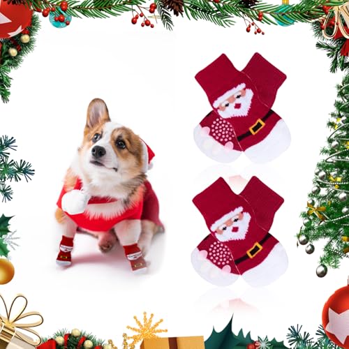 4 Stück Weihnachten Antirutschsocken für Hunde Weihnachtssocken für Mittelgroße Welpen Katzen Indoor Anti-Rutsch-Hundesocken Weihnachtsmann Weicher Elastisch Pfotenschutz Haustiere Warm Halten M von JINSIHU