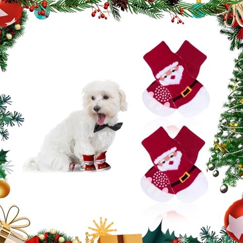 4 Stück Weihnachtsmann Hunde Stricksocken Weihnachten Antirutschsocken für Hunde Indoor Socken Hundesocken Anti Rutsch Pfotenschutz und Traktion Dank Silikon-Gel für Welpen und Katzen Hartholzböden S von JINSIHU