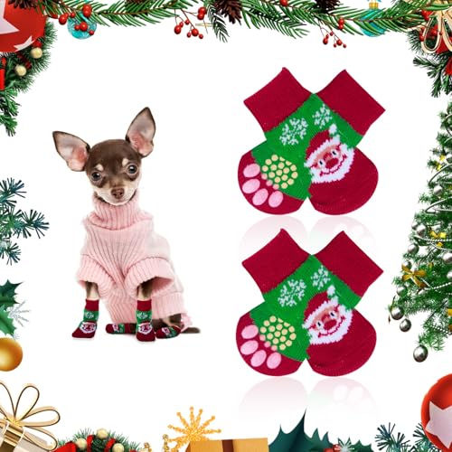 JINSIHU 4 Stück Weihnachten Antirutschsocken für Hunde Weihnachtssocken Indoor Anti-Rutsch-Hundesocken Weihnachtsmann Weicher Elastisch Pfotenschutz Haustiere Warm Halten für Kleine Hunde Katzen XS von JINSIHU