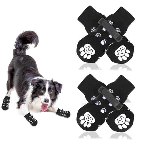 4 Stücke Indoor Anti-Rutsch Socken für Hunde Anti Rutsch Pfotenschutz Hundesocken Outdoor Indoor Anti-Rutsch Socken für Mittlerer Hund Weicher Verstellbarer Pfotenschutz mit Klettverschluss Schwarz(M) von JINSIHU