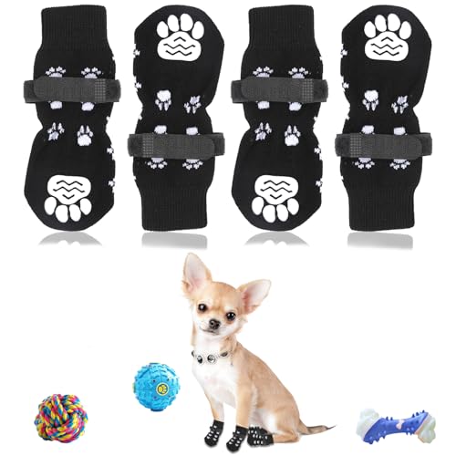 4 Stücke Indoor Anti-Rutsch Socken für Hunde, Anti Rutsch Pfotenschutz Hundesocken Outdoor Indoor Anti-Rutsch Socken für Kleiner Hund Weicher Verstellbarer Pfotenschutz mit Klettverschluss Schwarz (S) von JINSIHU