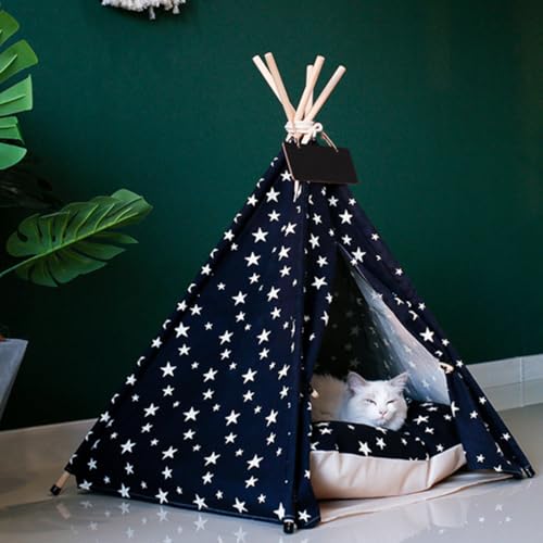 Pet Tipi Zelt mit Dickem Kissen Haustier Tipi Kleine/Mittlere Hunde, Katzen, Kaninchen, Schweine, Baumwolle Hundehütte mit Dickem Weichem Haustierbett (Dunkelblau, Mittel) von JIPITIMI