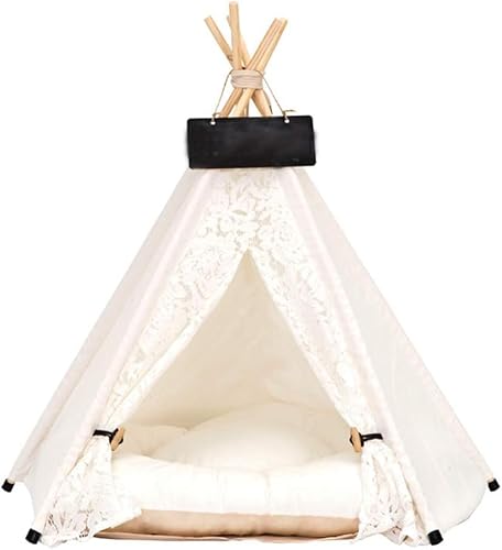 Pet Tipi Zelt mit Dickem Kissen für Katzen Kleine Hunde Kaninchen Tragbare Baumwolle Haustier Tipi Zelt mit Bett (Milchig, Klein/Mittel) von JIPITIMI