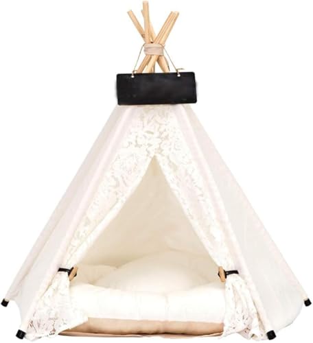 Pet Tipi Zelt mit Dickem Kissen für Katzen Kleine Hunde Kaninchen Tragbare Baumwolle Haustier Tipi Zelt mit Bett (Milchig, Klein/Mittel) von JIPITIMI