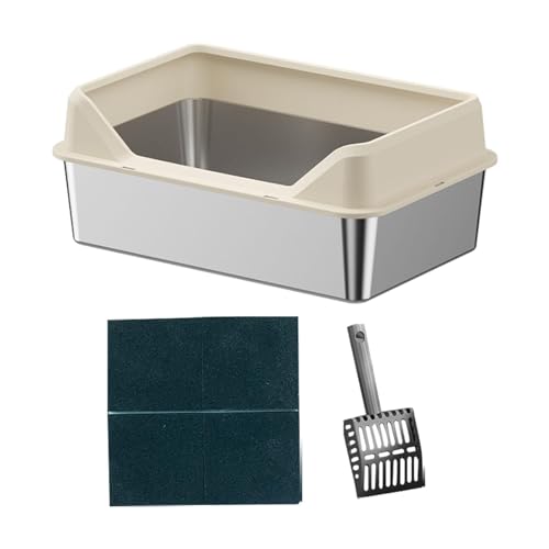 JISADER Offene Katzentoilette mit Hohem Rand, Offene Katzenklo Wanne mit Erhöhung, Edelstahl Katzentoilette ohne Deckel, Open Top Pet Litter Box mit Katzenstreuschaufel, Beige, 50x35x10cm von JISADER