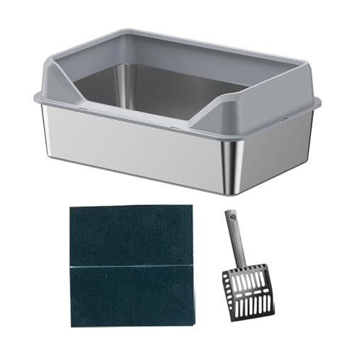 JISADER Offene Katzentoilette mit Hohem Rand, Offene Katzenklo Wanne mit Erhöhung, Edelstahl Katzentoilette ohne Deckel, Open Top Pet Litter Box mit Katzenstreuschaufel, DUNKELGRAU, 50x35x10cm von JISADER