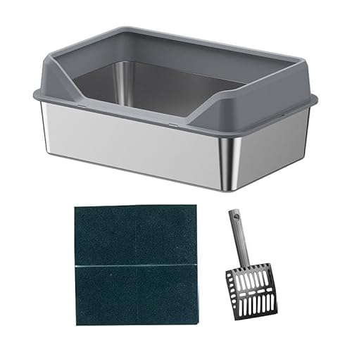 JISADER Offene Katzentoilette mit Hohem Rand, Offene Katzenklo Wanne mit Erhöhung, Edelstahl Katzentoilette ohne Deckel, Open Top Pet Litter Box mit Katzenstreuschaufel, von JISADER