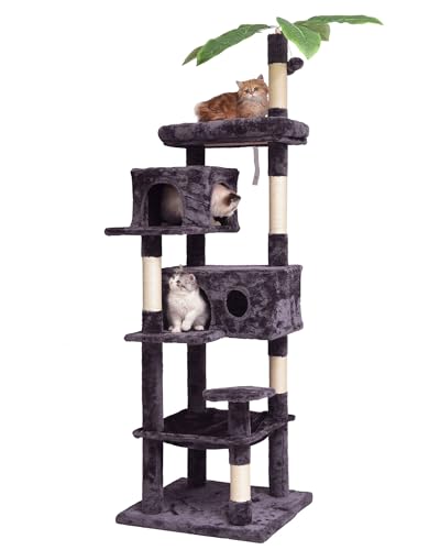 JISSBON 193 cm Kratzbaum für Indoor-Katzen, mehrstöckiger Katzenturm mit Kratzstämmen, große Plüschstange & Katzenhütte mit Blättern für Kätzchen, erwachsene Katzen, Grau von JISSBON