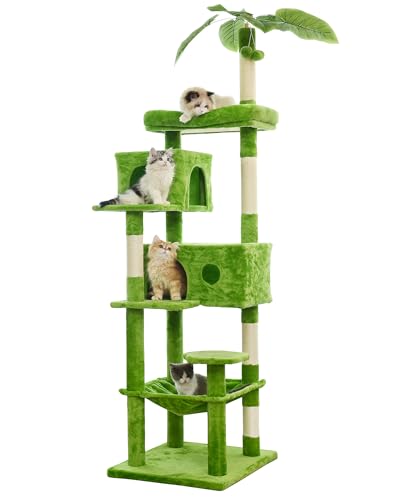 JISSBON 193 cm Kratzbaum für Indoor-Katzen, mehrstöckiger Katzenturm mit Kratzstämmen, große Plüschstange & Katzenhütte mit Blättern für Kätzchen, erwachsene Katzen, Grün von JISSBON