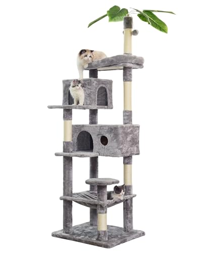 JISSBON 193 cm Kratzbaum für Indoor-Katzen, mehrstöckiger Katzenturm mit Kratzstämmen, große Plüschstange & Katzenhütte mit Blättern für Kätzchen, erwachsene Katzen, Hellgrau von JISSBON