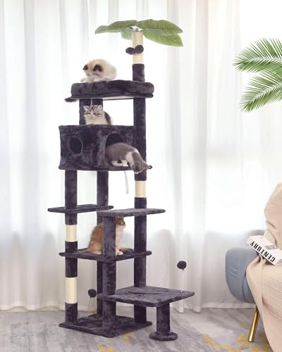 JISSBON 195 cm Kratzbaum für Indoor-Katzen, mehrstöckiger Katzenturm mit Kratzstämmen, große Plüschstange & Katzenhütte mit Blättern für Kätzchen, erwachsene Katzen, Grau von JISSBON