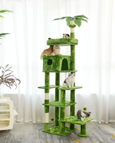 JISSBON 195 cm Kratzbaum für Indoor-Katzen, mehrstöckiger Katzenturm mit Kratzstämmen, große Plüschstange & Katzenhütte mit Blättern für Kätzchen, erwachsene Katzen, Grün von JISSBON