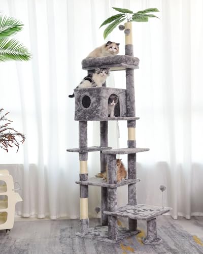 JISSBON 195 cm Kratzbaum für Indoor-Katzen, mehrstöckiger Katzenturm mit Kratzstämmen, große Plüschstange & Katzenhütte mit Blättern für Kätzchen, erwachsene Katzen, Hellgrau von JISSBON