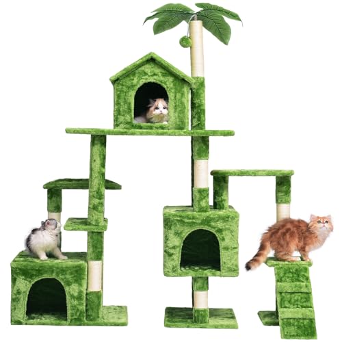 JISSBON Katzenbaum Turm für Indoor-Katzen, mehrstufiges Katzenschloss mit Kratzbrettern, große Plüschstange & Katzenhütte mit Blättern für Kätzchen, erwachsene Katzen, Grün von JISSBON