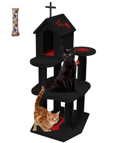 JISSBON Katzenbaum für Indoor-Katzen, Kleiner Katzenturm mit Kratzbrettern, große Plüschstange & Katzenhütte mit Blättern für Kätzchen, ausgewachsene Katzen, Schwarz und Rot von JISSBON