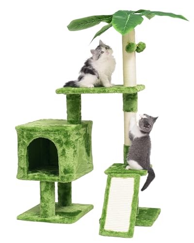 JISSBON Katzenbaum für Indoor-Katzen, Kleiner Katzenturm mit Kratzbrettern, große Plüschstange & Katzenhütte mit Blättern für Kätzchen, erwachsene Katzen, Grün von JISSBON