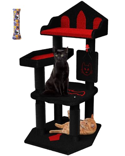 JISSBON Katzenbaum für Indoor-Katzen, Kleiner Katzenturm mit Kratzstämmen, große Plüschstange für Kätzchen, erwachsene Katzen, Schwarz und Rot von JISSBON