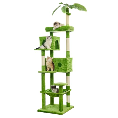 Kratzbaum mit mehreren Ebenen, interaktiv, 190 cm hoch, Katzenturm mit Kratzbrettern zum Klettern, Ausruhen und Krallenschärfen, stabile Katzenmöbel (grün) von JISSBON