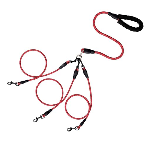 Nachtversion, robuste 3-Wege-Hundekoppelleine, geflochtene Leine, kein Verheddern, abnehmbare Haustierleine aus Nylon mit weich gepolstertem Griff for Spazierengehen mit drei/zwei Hunden /165(Red,144c von JJAURANCE