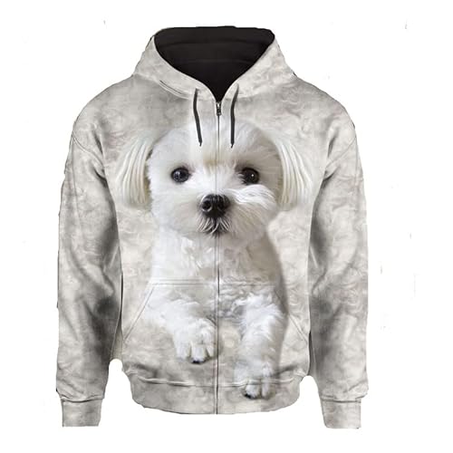 JJCat Männer mit Kapuze Langarm 3D-Druck Hundeserie Bichon Frise Design Reißverschluss Strickjacke Sweatshirts(M,Grau2) von JJCat