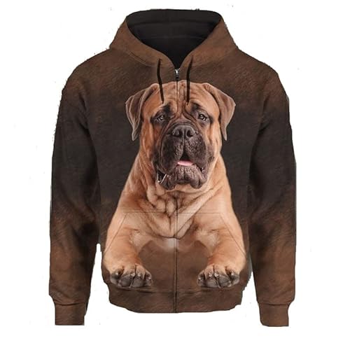 JJCat Männer mit Kapuze Langarm 3D-Druck Hundeserie Bull Mastiff Design Reißverschluss Strickjacke Sweatshirts(4XL,Coffee1) von JJCat