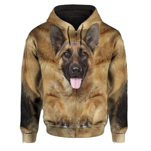 JJCat Männer mit Kapuze Langarm 3D-Druck Hundeserie Deutscher Schäferhund Design Reißverschluss Strickjacke Sweatshirts(M,Braun8) von JJCat