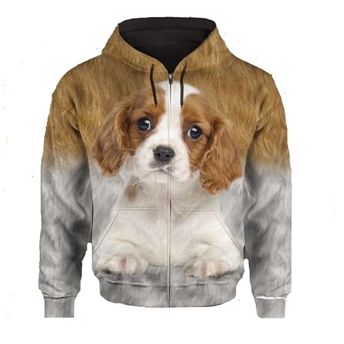 JJCat Männer mit Kapuze Langarm 3D-Druck Hundeserie King Charles Spaniel Design Reißverschluss Strickjacke Sweatshirts(XXL,Grau3) von JJCat