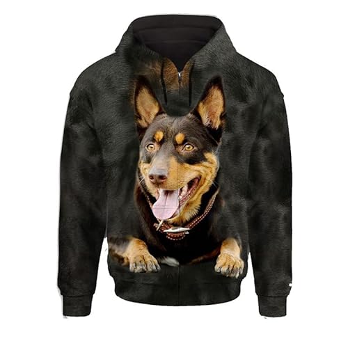 JJCat Männer mit Kapuze Langarm 3D-Druck Hundeserie australisches Kalpy-Design Reißverschluss Strickjacke Sweatshirts(3XL,Schwarz7) von JJCat